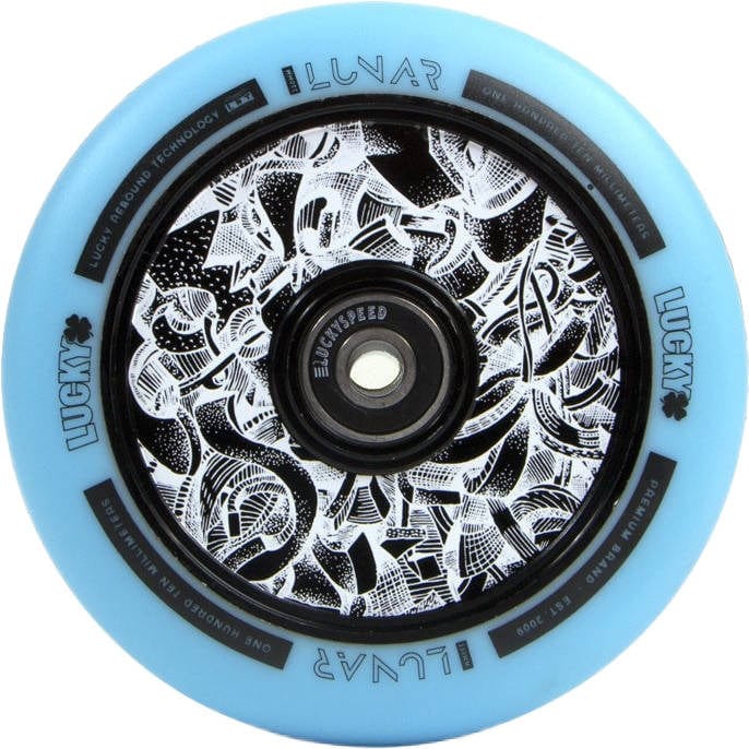 Detailed view of a teal scooter wheel displaying complex black-and-white geometric designs on the hub. The names "LUCKY" and "LUNAR" are prominently displayed along the edge, featuring Lucky Rebound Technology. Ideal for custom scooter builds that prioritize style and performance.