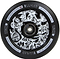 The Lucky Lunar 110mm Stunt Scooter Wheel in Axis Black features complex white abstract designs. The words "Lunar," "Lucky Rebound Technology," and "One Hundred Ten Millimeters" are gracefully printed around the rim, making it an eye-catching component for high-end scooter constructions.