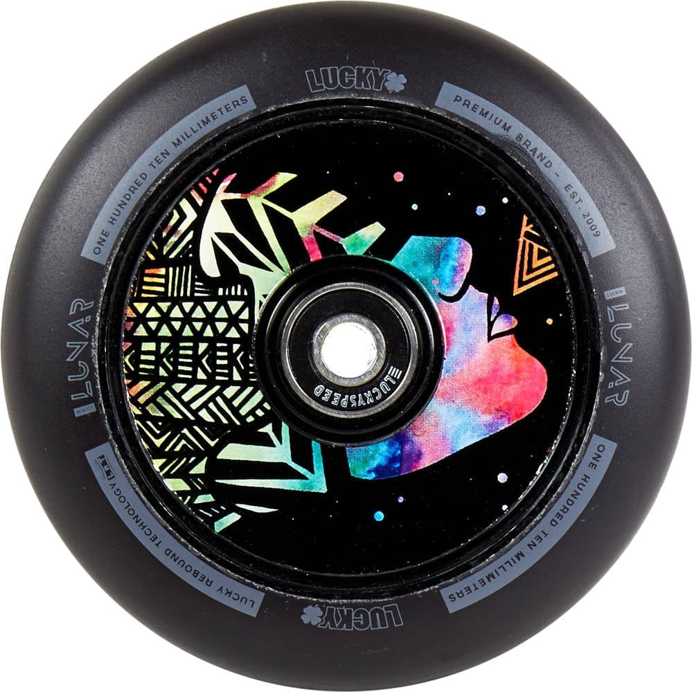 Introducing the Lucky Lunar 110mm Stunt Scooter Wheel - Evo, a vibrant scooter wheel adorned with an abstract geometric design and a face illustration at its core. The black outer ring features white and blue text and branding, making it the ideal choice for adding style to your scooter builds.