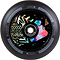Introducing the Lucky Lunar 110mm Stunt Scooter Wheel - Evo, a vibrant scooter wheel adorned with an abstract geometric design and a face illustration at its core. The black outer ring features white and blue text and branding, making it the ideal choice for adding style to your scooter builds.