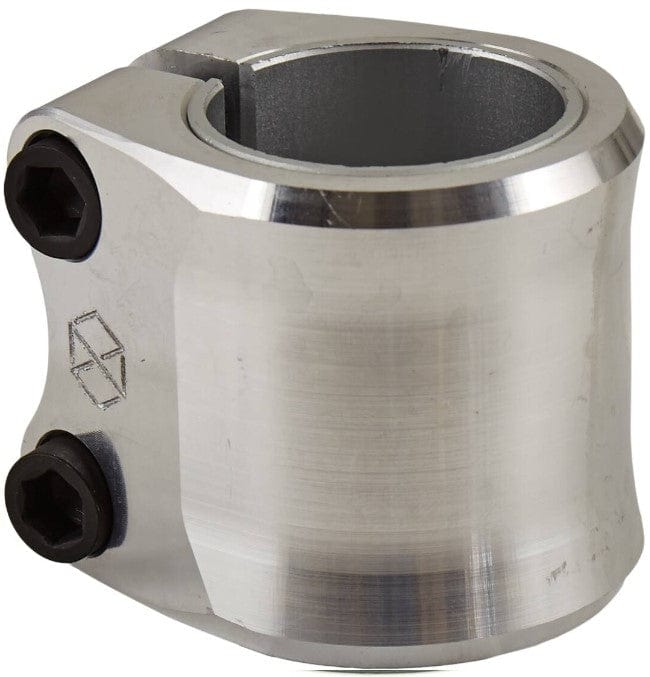 Close-up of the Native Orca 2 Bolt Oversized Stunt Scooter Clamp - Raw, showcasing its sleek silver finish with two black M8 bolts on the side. This CNC machined clamp from Native features a smooth cylindrical design and an elegantly engraved logo.