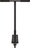Front view of the Native Stem 495mm S Complete Stunt Scooter in black, featuring a T-shaped handlebar, rubber grips, and visible front wheel—ideal for beginners.