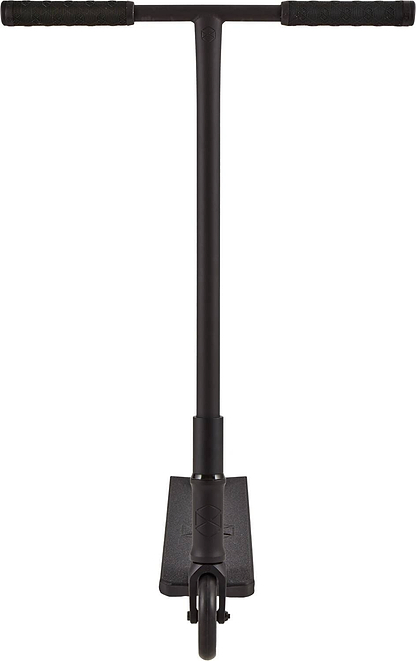 Front view of the Native Stem 560mm XL Complete Stunt Scooter in black, featuring black handle grips and a straight handlebar. Its robust all-black deck and frame make it an ideal street scooter for tall riders.