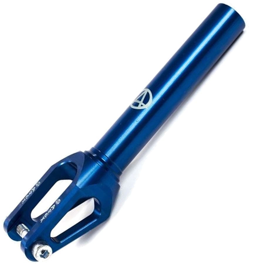 The Apex Quantum SCS/HIC Stunt Scooter Forks in blue, designed by Apex, feature a cylindrical shaft with two prongs ideal for wheel attachment. This durable metal fork upgrade includes the brand logo on the shaft and comes with mounting holes for easy installation, all showcased against a plain white background.