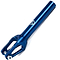 The Apex Quantum SCS/HIC Stunt Scooter Forks in blue, designed by Apex, feature a cylindrical shaft with two prongs ideal for wheel attachment. This durable metal fork upgrade includes the brand logo on the shaft and comes with mounting holes for easy installation, all showcased against a plain white background.