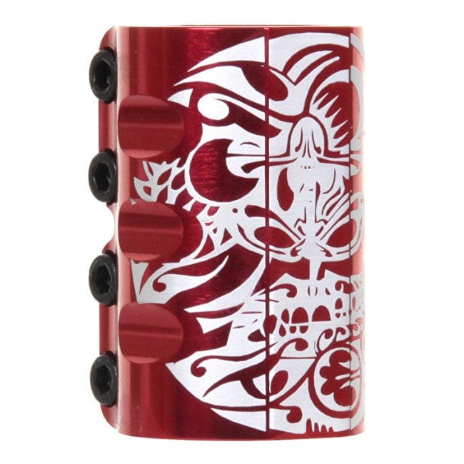 This robust Infinity Mayan 4 Bolt Oversized SCS Stunt Scooter Clamp in red features an elaborate white floral and abstract pattern on its exterior. Equipped with four black bolt holes on the left side, this eye-catching clamp combines artistic flair with functionality, making it a remarkable addition to any scooter.