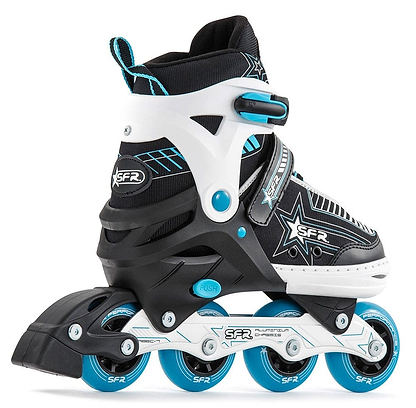 The SFR Pulsar Adjustable Inline Skates - Blue from SFR boast a stylish black and white design highlighted with blue accents and feature four wheels. Ideal for beginner skaters, the skates are adorned with a star pattern and come equipped with straps and buckles to ensure both safety and comfort.
