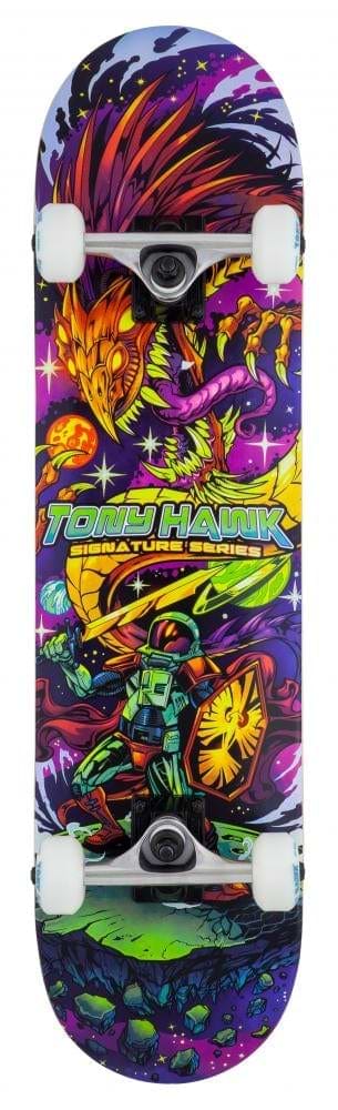 Introducing the Tony Hawk 360 Series Cosmic Complete Skateboard—ideal for beginner skaters. This vibrant skateboard features a dynamic design with dragons and robots in an action-packed scene. The name "Tony Hawk" stands out prominently in bold yellow and green, contrasting beautifully against white wheels and a vivid background.