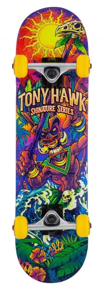Dive into excitement with the Tony Hawk 360 Series Utopia Mini Complete Skateboard, a vibrant creation featuring "Tony Hawk" boldly displayed over eye-catching graphics of a masked figure, swirling waves, tropical leaves, and a sun with a skull. Equipped with yellow wheels and intricate artistic design, it's an ideal entry-level skateboard.