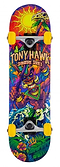 Dive into excitement with the Tony Hawk 360 Series Utopia Mini Complete Skateboard, a vibrant creation featuring "Tony Hawk" boldly displayed over eye-catching graphics of a masked figure, swirling waves, tropical leaves, and a sun with a skull. Equipped with yellow wheels and intricate artistic design, it's an ideal entry-level skateboard.