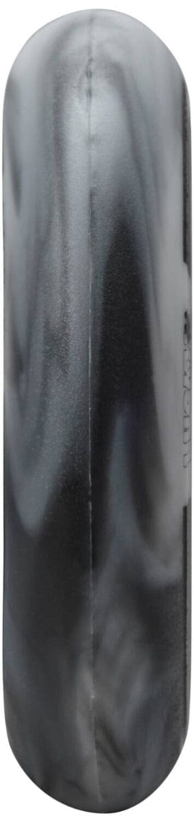 A close-up image of the Lucky Lunar 110mm Stunt Scooter Wheel - Recoil showcases a glossy marbled pattern in shades of black and gray, reminiscent of the sleek design found in cutting-edge scooter builds. The surface is smooth and polished, beautifully reflecting light.