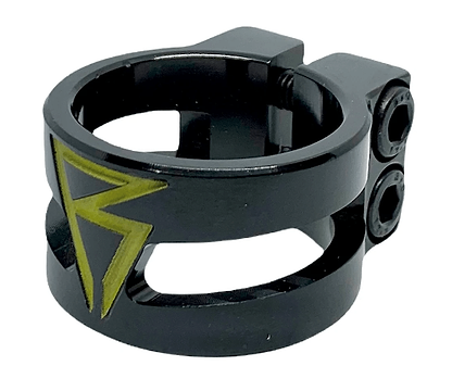 Presenting the Revolution Super Lite 2 Bolt Oversized Stunt Scooter Clamp in black, expertly crafted from durable 6061-T6 aluminum. This sleek, cylindrical clamp features two bolts and a distinctive lime green stylized "R" logo. Its cut-out design allows for precise adjustment and secure fastening, making it perfect for oversized IHC or HIC bars.