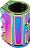 A vibrant, lightweight metal cylinder with screws, much like the Root Industries AIR 4 Bolt SCS Stunt Scooter Clamp in Rocket Fuel Neochrome, ideal for scooter clamps.