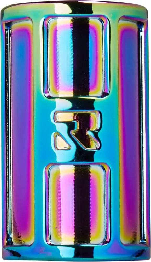 The Root Industries AIR 4 Bolt SCS Stunt Scooter Clamp - Rocket Fuel Neochrome is a lightweight, iridescent metal item featuring a cylindrical design. Its surface dazzles with vibrant rainbow colors and prominently displays the letter "R" at the center. This Root Industries clamp gleams as it reflects light, highlighting its shiny and metallic look.