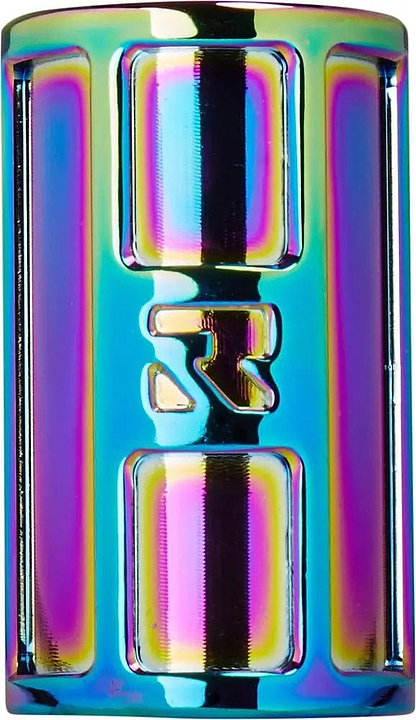 The Root Industries AIR 4 Bolt SCS Stunt Scooter Clamp - Rocket Fuel Neochrome is a lightweight, iridescent metal item featuring a cylindrical design. Its surface dazzles with vibrant rainbow colors and prominently displays the letter "R" at the center. This Root Industries clamp gleams as it reflects light, highlighting its shiny and metallic look.