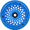 The Radiant Blue Root Industries Lotus 110mm Scooter Wheel features an intricate lattice-style design with the brand names "Lotus" and "Root Industries" elegantly written around its edge, making it ideal for freestyle scooter enthusiasts.