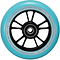 A teal inline skate wheel featuring a black hub and spokes, reminiscent of sleek scooter wheels. The rim is inscribed with "ONE HUNDRED X TWENTY FOUR MM 86A," capturing the precision that Blunt Envy enthusiasts have come to expect from every 100mm wheel design.