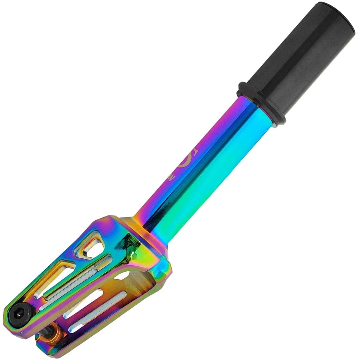 Introducing the Oath Shadow IHC Stunt Scooter Fork - Neochrome: a vibrant and metallic scooter fork by Oath, characterized by its sleek, thicker core design. It boasts an impressive gradient finish with blue, green, and purple hues for enhanced corrosion resistance. The black top section is equipped with mounting holes for simplified attachment.