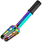Introducing the Oath Shadow IHC Stunt Scooter Fork - Neochrome: a vibrant and metallic scooter fork by Oath, characterized by its sleek, thicker core design. It boasts an impressive gradient finish with blue, green, and purple hues for enhanced corrosion resistance. The black top section is equipped with mounting holes for simplified attachment.