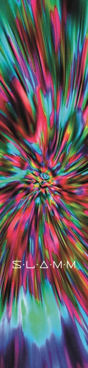 The Slamm Stunt Scooter Griptape - Strobe boasts a vibrant and colorful abstract design that resembles a splash of multicolored paint, with swirling patterns in greens, reds, blues, and pinks. The letters "S.L.A.M.M" are prominently printed at the bottom center. This high-quality griptape is perfect for enthusiasts of Slamm scooter gear.