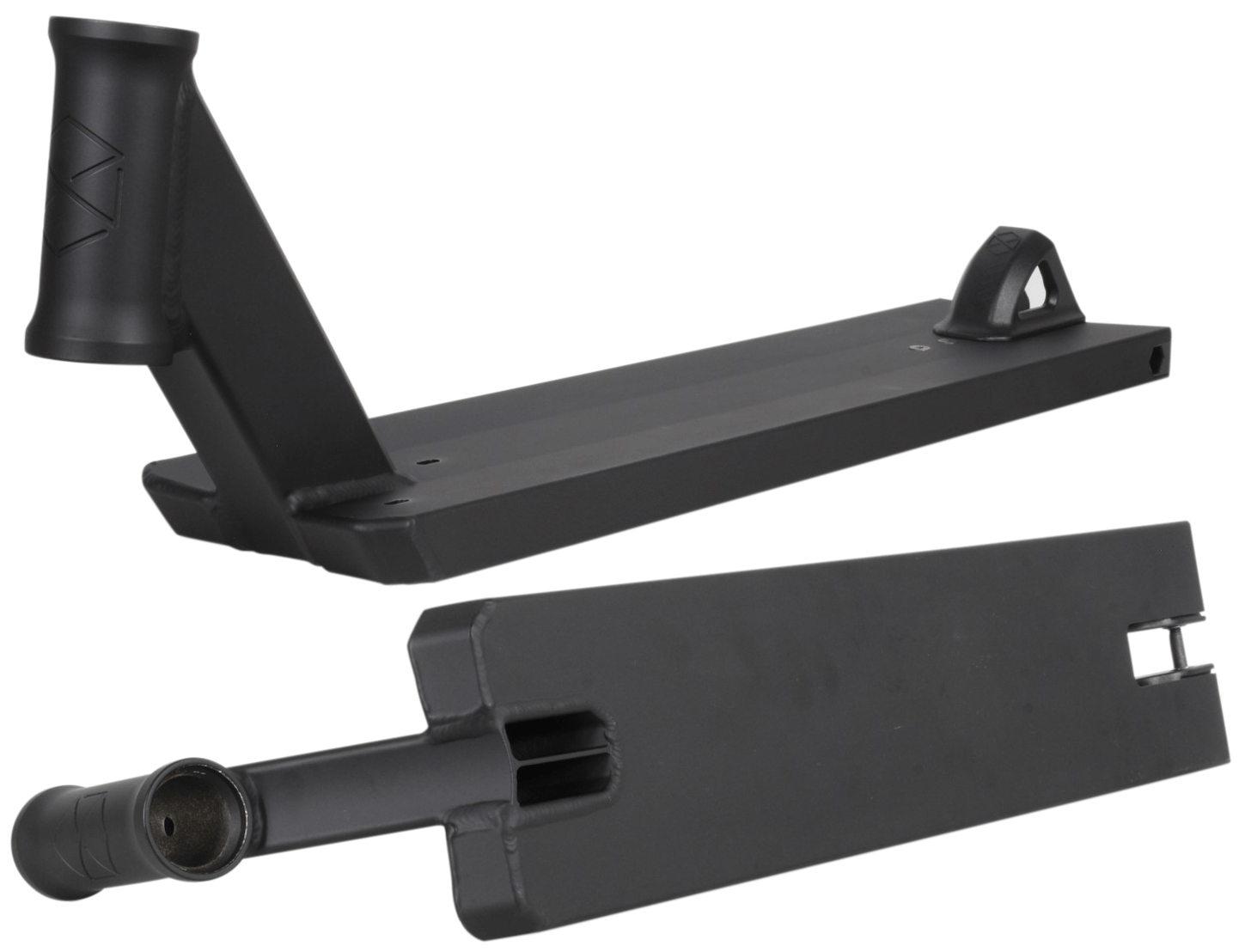 Close-up of the Native Stem Black Stunt Scooter Deck, measuring 4.75" x 19.5", perfect for beginner riders. The top image showcases the deck from a side angle, ideal for street riding, while the bottom image reveals the underside with a visible channel groove and rear wheel bracket.