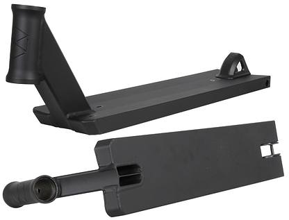 Close-up of the Native Stem Black Stunt Scooter Deck, measuring 4.75" x 19.5", perfect for beginner riders. The top image showcases the deck from a side angle, ideal for street riding, while the bottom image reveals the underside with a visible channel groove and rear wheel bracket.