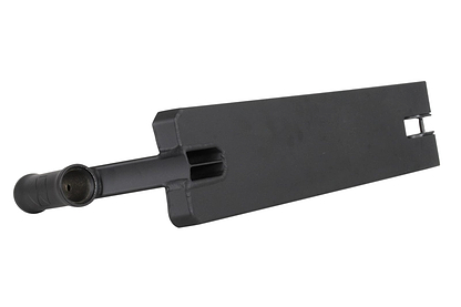 A Native Stem Black Stunt Scooter Deck, measuring 4.75" x 19.5" and featuring a handle and a slit on one end, lies gracefully on a white background, reminiscent of a sleek scooter deck.