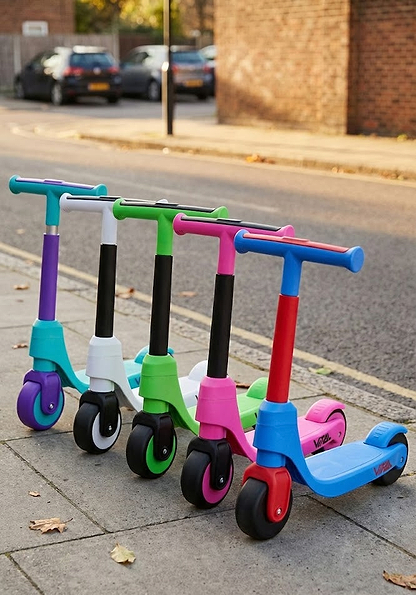 A Vital First Kids Scooter in white and black is parked on a sidewalk near a street lined with brick walls, cars, and trees.