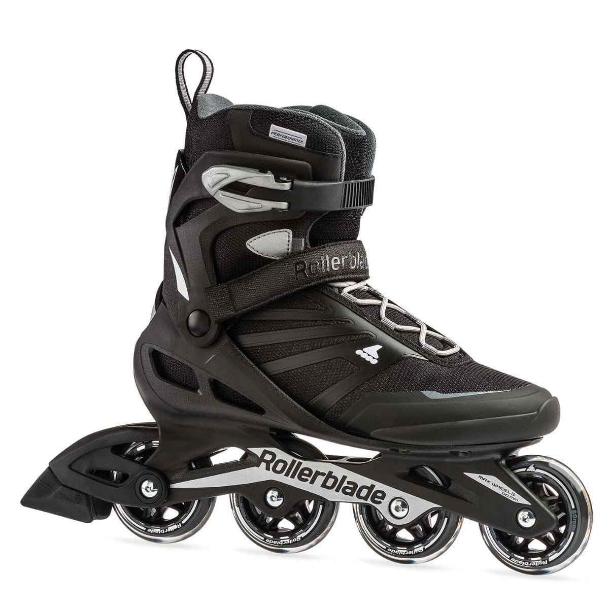 The Rollerblade 2022 Zetrablade Inline Skates in black and silver are stylish skates designed for beginner skaters, featuring four wheels, secured ankle support, and laces. The "Rollerblade" branding on the frame complements its modern design and robust construction, making it ideal for recreational use.