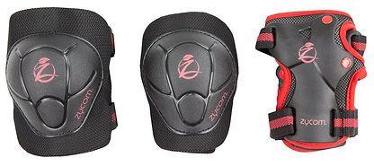 Introducing the Zycom Child Combo Skate Protection Pad Set in Black and Red. This set includes a pair of black knee pads and a red and black wrist guard, all featuring durable EVA foam padding. The adjustable Velcro straps offer a snug fit, while the bold red "zycom" logo adds a stylish touch.