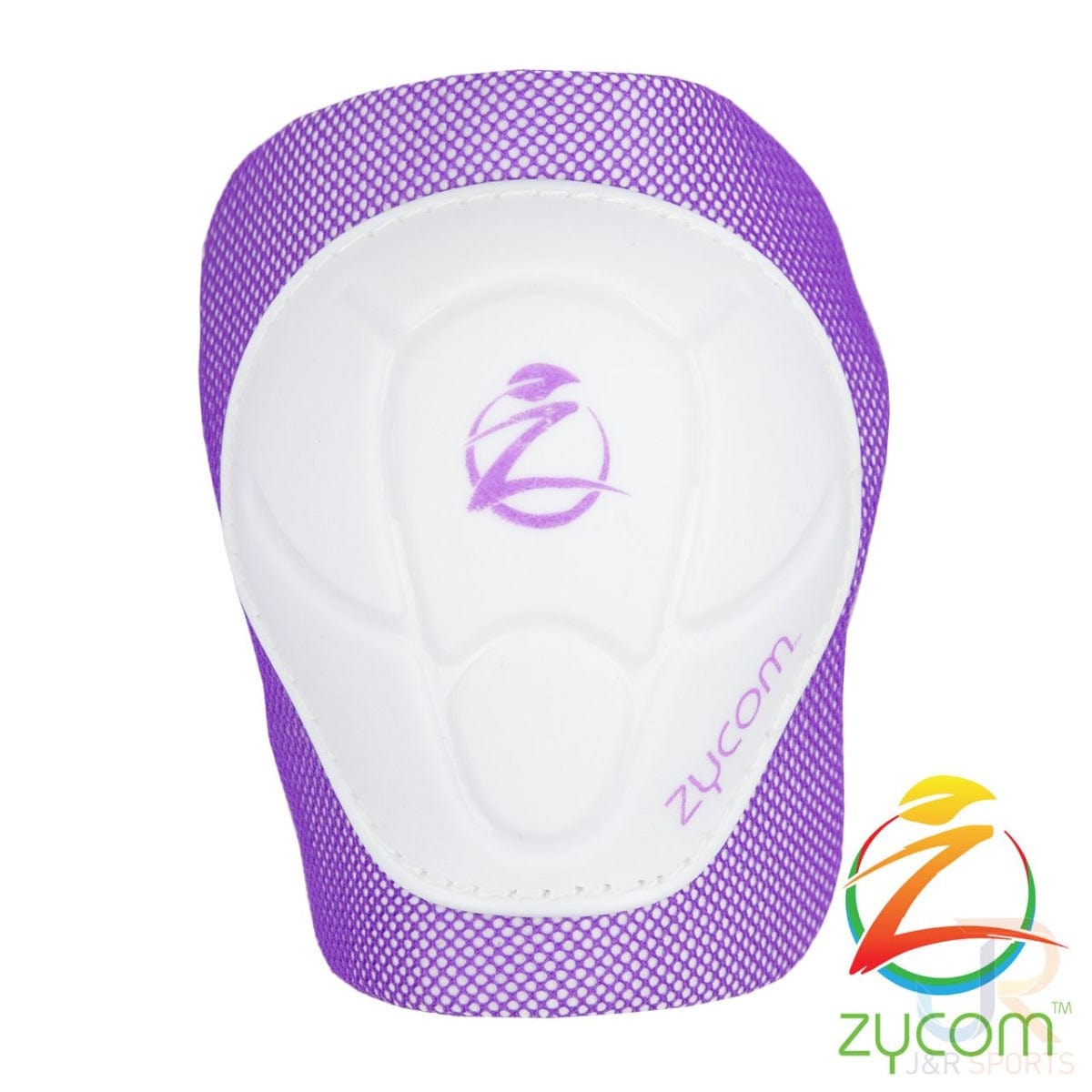 The image showcases the Zycom Child Combo Skate Protection Pad Set in lilac and white, featuring a close-up of a knee pad with purple mesh trim and adjustable Velcro straps for optimal child protection. The pad displays the Zycom logo and "zycom" text in purple. Set against a white background, the vibrant Zycom logo is visible in the bottom right corner, highlighting these perfect knee protection pads for active kids.