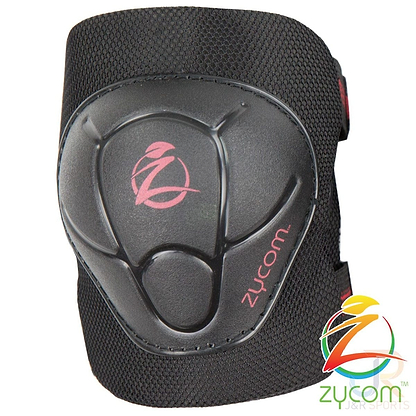 A black knee pad with EVA foam padding features a red design and the "Zycom" brand name printed on it. Tailored for sports protection, it belongs to the Zycom Child Combo Skate Protection Pad Set. The textured surface and adjustable Velcro straps offer a secure fit, with the Zycom logo prominently displayed in the corner.