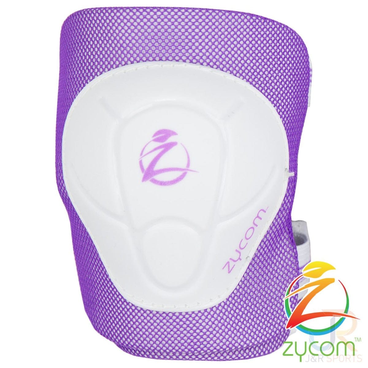 The Zycom Child Combo Skate Protection Pad Set in lilac and white includes a knee pad with adjustable Velcro straps for a secure fit. It features a stylized "Z" logo prominently displayed in the center, with the word "zycom" written on the side, making it an essential addition to any child protection set. The product is shown against a plain white background.