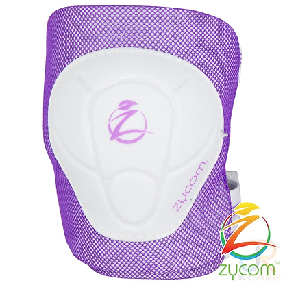 The Zycom Child Combo Skate Protection Pad Set in lilac and white includes a knee pad with adjustable Velcro straps for a secure fit. It features a stylized "Z" logo prominently displayed in the center, with the word "zycom" written on the side, making it an essential addition to any child protection set. The product is shown against a plain white background.