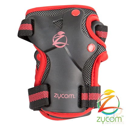 The Zycom Child Combo Skate Protection Pad Set in Black/Red includes a red and black wrist guard that features adjustable Velcro straps for a secure fit. It is equipped with EVA foam padding for enhanced comfort, and the reinforced palm area showcases a stylish "zycom" logo alongside a colorful emblem in the bottom right corner.