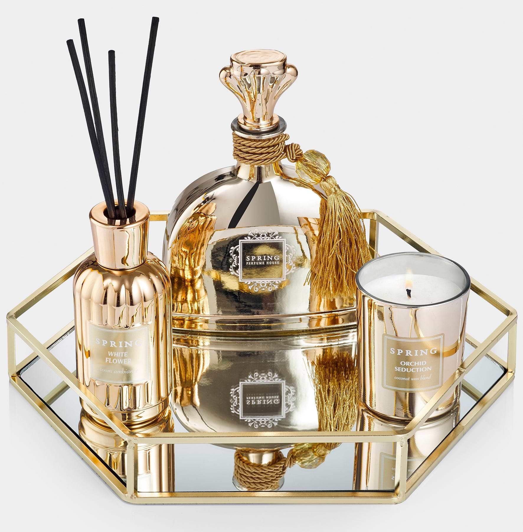 SPRING Fragrance golden Reed Diffuser | Fragrance Made in France | White Flower fragrance | Lily, Jasmine, Lily of The Valley, and Tuberose | 3.4 oz