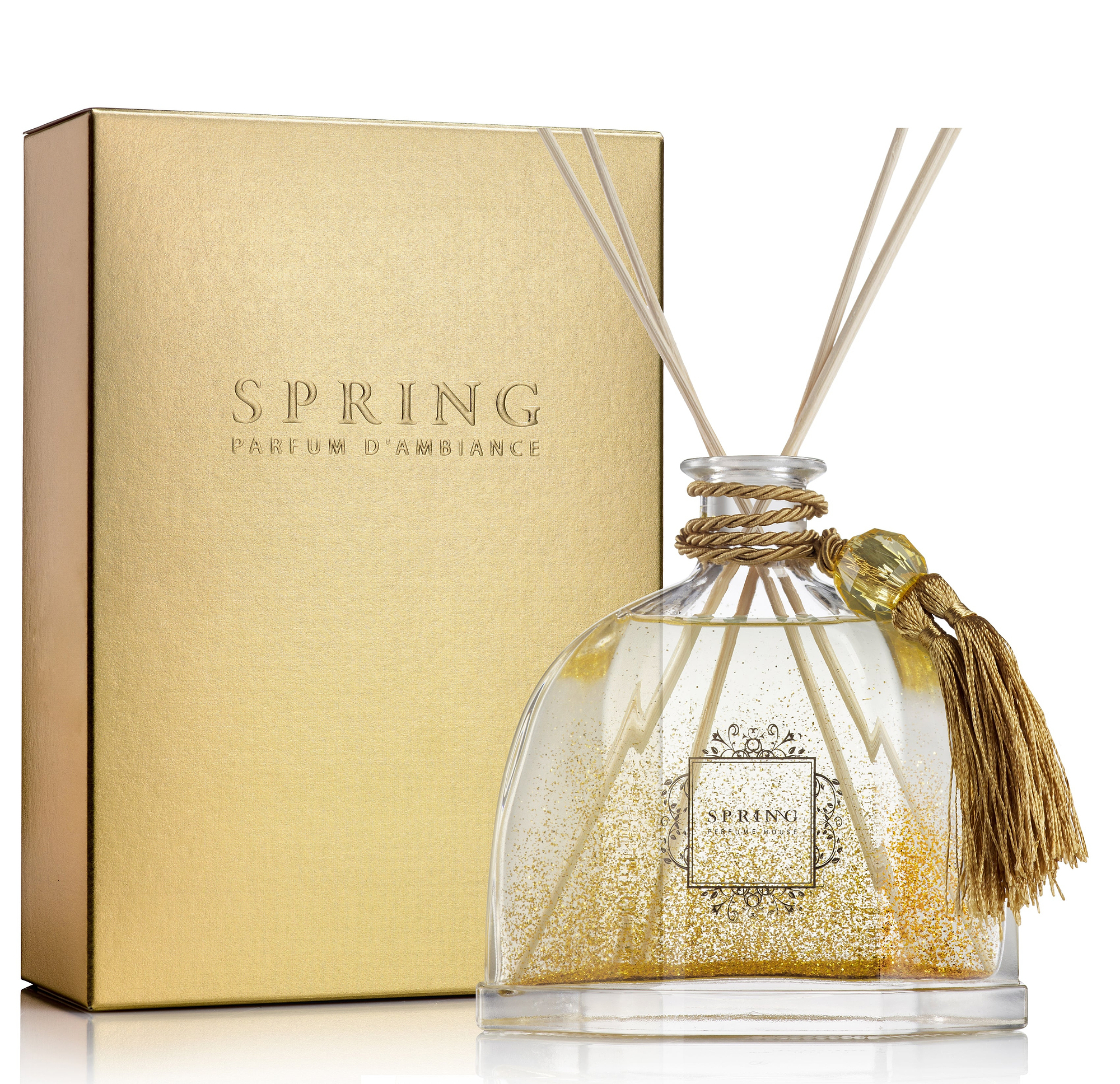 SPRING Fragrance Diamond Decanter Reed Diffuser Set | Very Large 10.14 Oz (300ml) | Fragrance Made in France| Home Décor | Scented Aromatic Oil with Gold Glitters - White flower | Room Air Freshener |