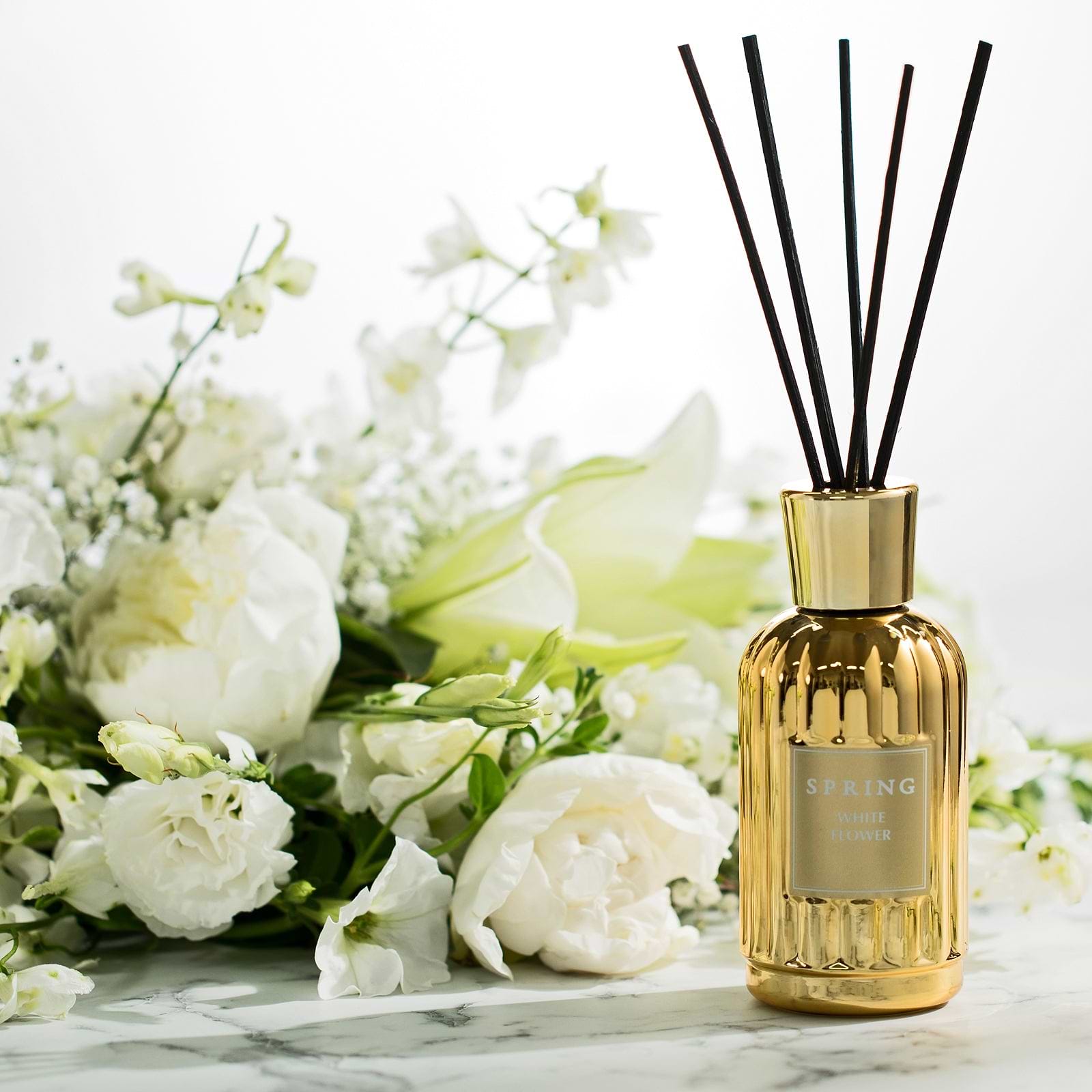 SPRING Fragrance Reed Diffuser Set | 6.1 oz (180ml) | Fragrance Made in France | Home Décor | Scented Aromatic Oil | Room Air Freshener White Flower | Alcohol + Ethanol free and VOC Compliant