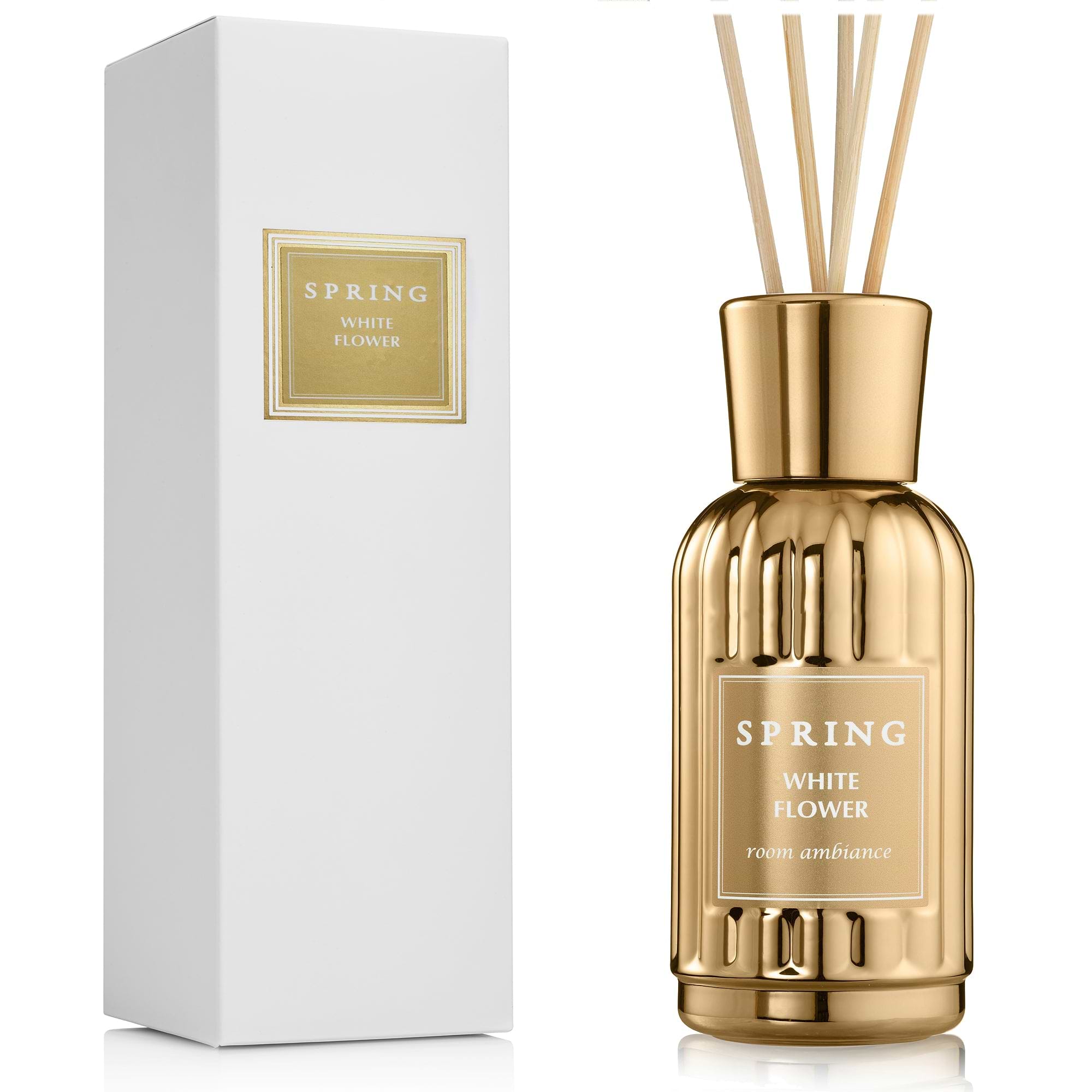 SPRING Fragrance Reed Diffuser Set | 6.1 oz (180ml) | Fragrance Made in France | Home Décor | Scented Aromatic Oil | Room Air Freshener White Flower | Alcohol + Ethanol free and VOC Compliant