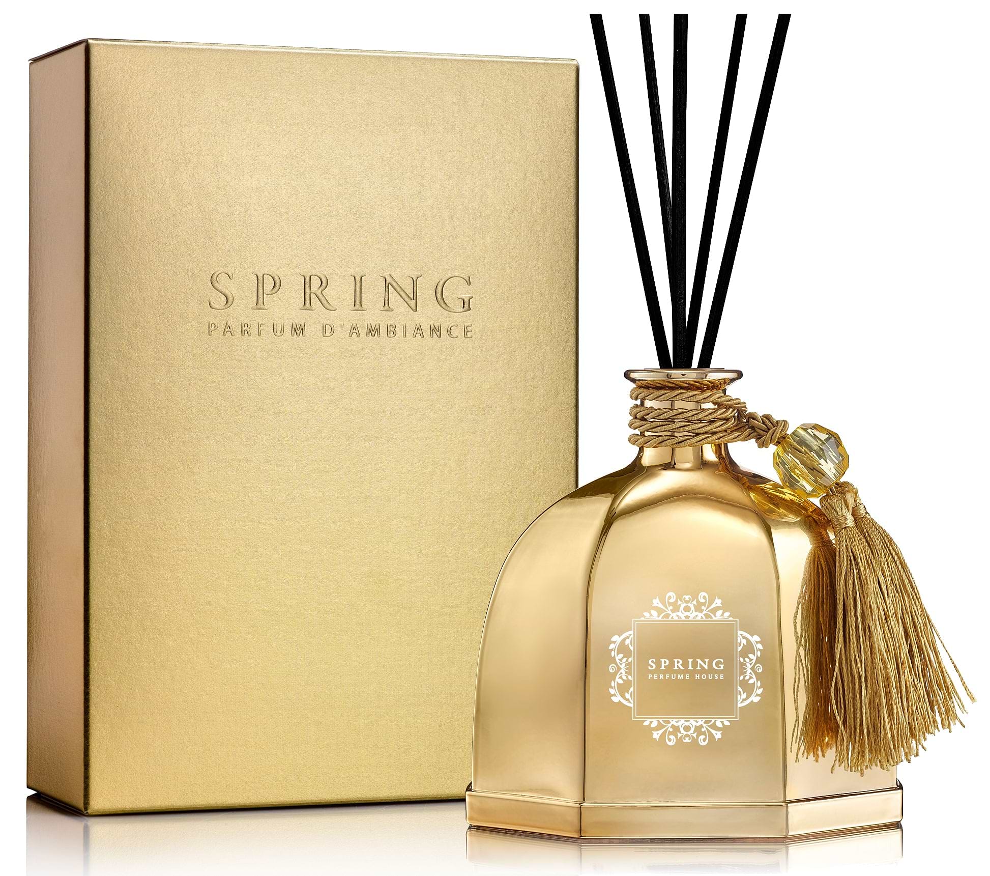 SPRING Fragrance Golden Reed Diffuser Set | Very Large 10.14 Oz | Fragrance Made in France - White Flower fragrance | Room Air Freshener | Alcohol free and VOC Compliant