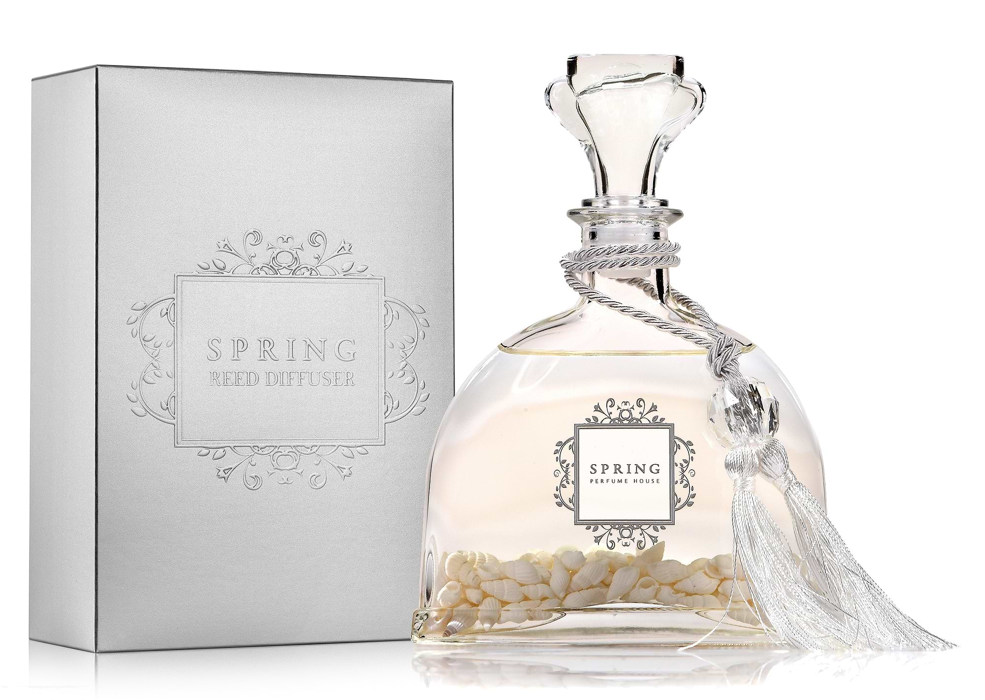 SPRING Fragrance Reed Diffuser Set |10.14oz (300ml) Ocean Design |Fragrance Made in France |Home Décor |Scented Aromatic Oil |Room Air Freshener White Flower | Alcohol + Ethanol free and VOC Compliant