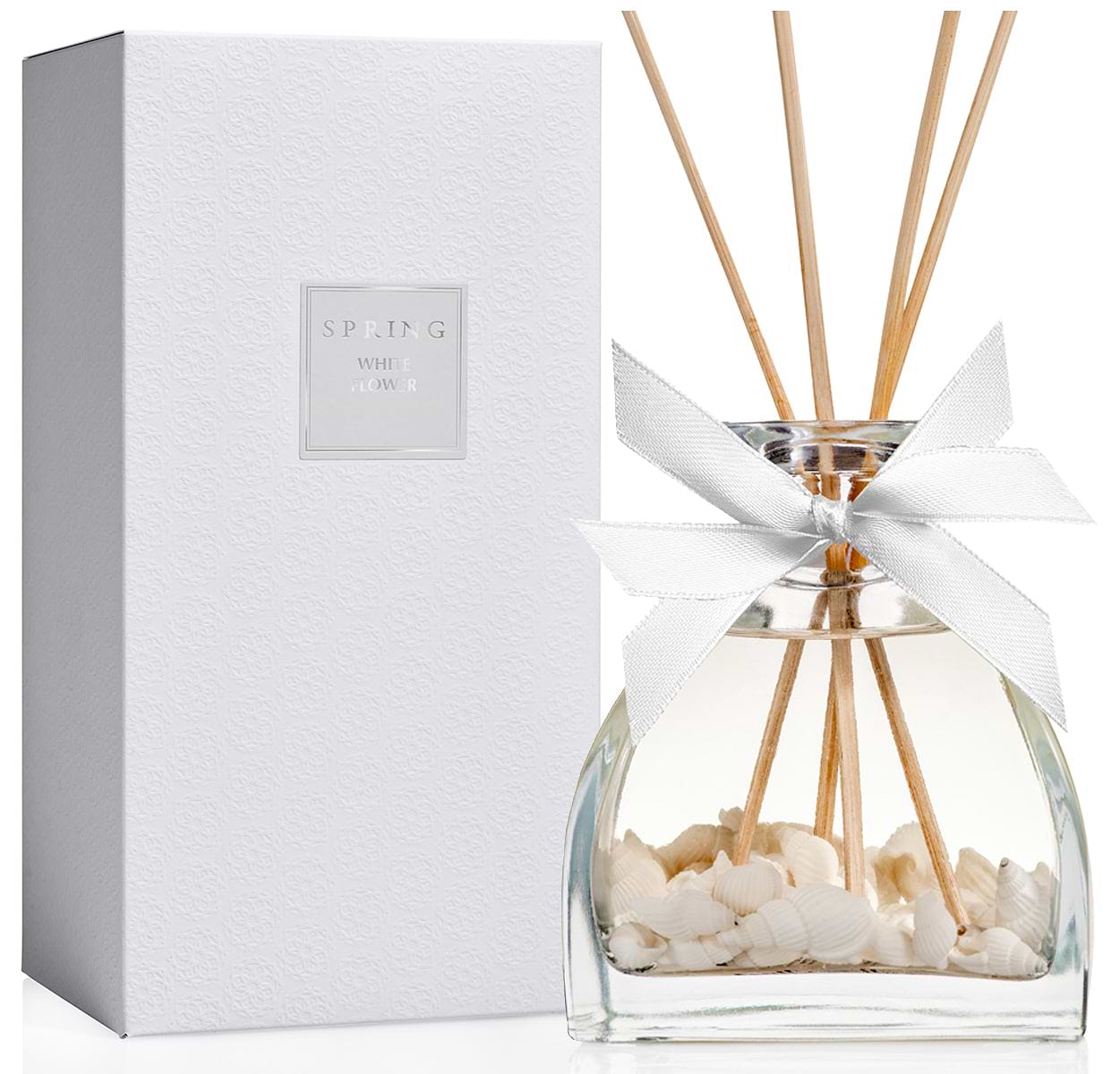 SPRING Fragrance Reed Diffuser | Large 9.47oz | Fragrance Made in France with Best Ingredients | Sea Shells design with White Flower fragrance. Ethanol free - VOC Compliant