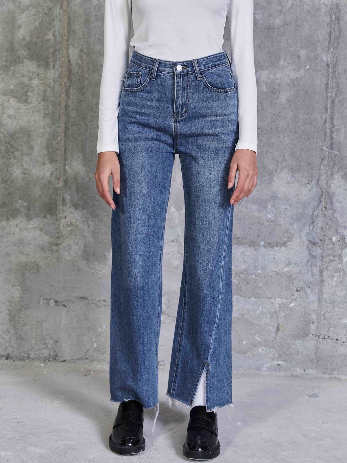 ג'ינס בגזרה רחבה עם שסעים- Style River|סטייל ריבר