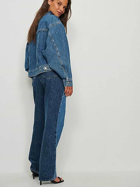 מכנסי ג'ינס קולור בלוק בגזרה גבוהה