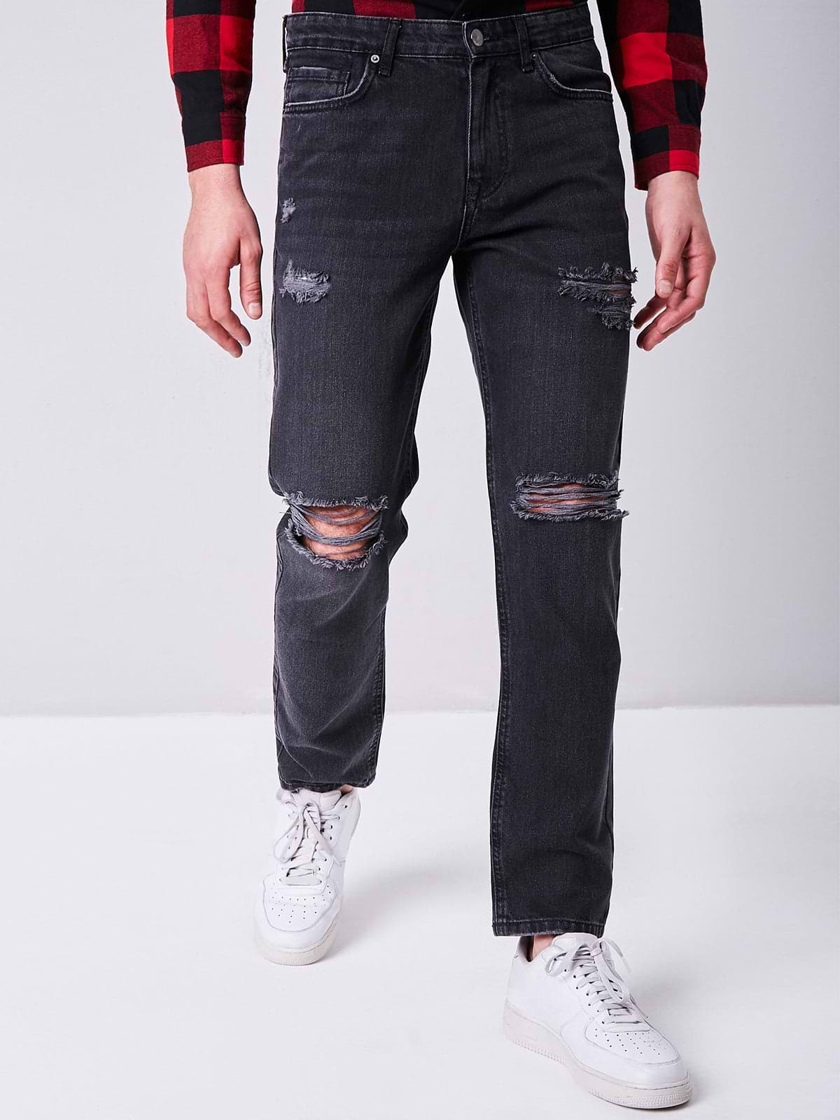 מכנסי ג'ינס בגזרה ישרה עם קרעים- FOREVER 21|פוראבר 21