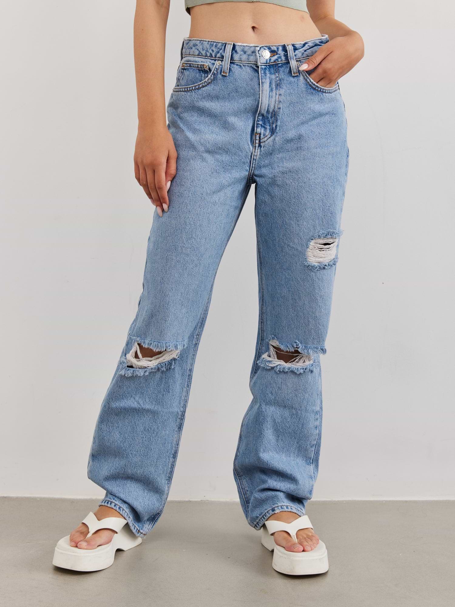 מכנסי ג'ינס בגזרה גבוהה עם קרעים- FOREVER 21|פוראבר 21