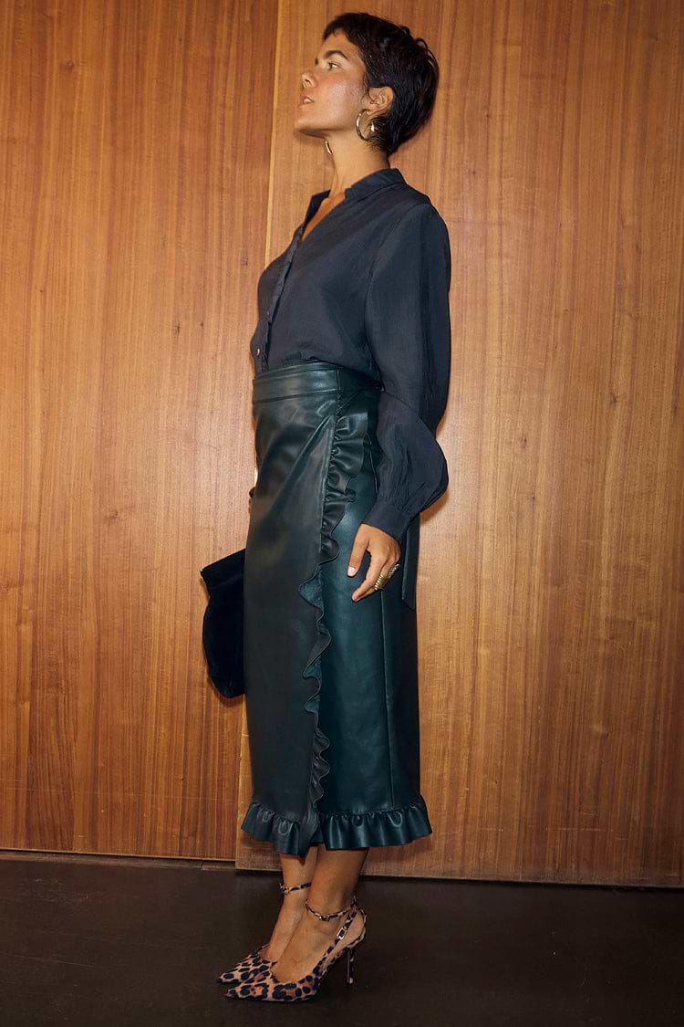 Bottle Green Vegan Leather Ruffle Jaspre Skirt