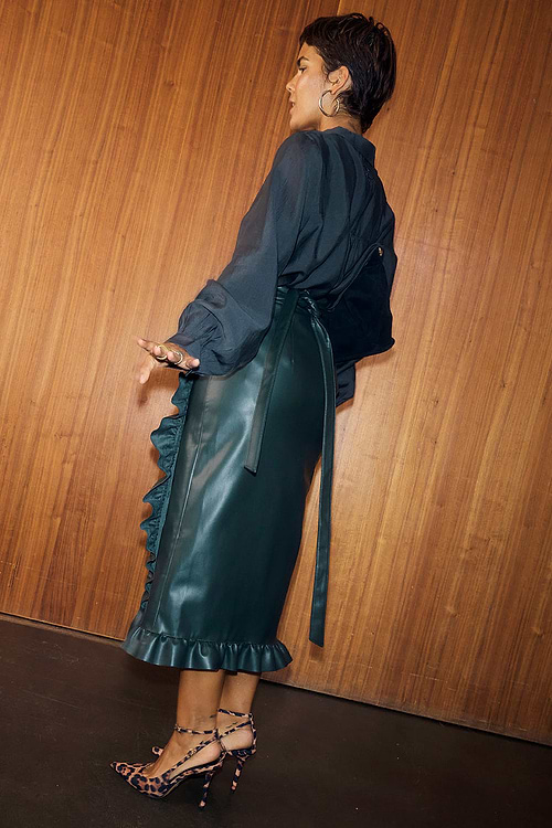 green emerald velvet dress Bottle Green Vegan Leather Ruffle Jaspre Skirt main image 0