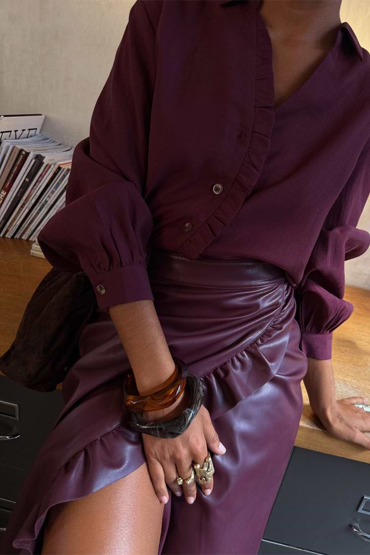 Wine Vegan Leather Ruffle Jaspre Skirt