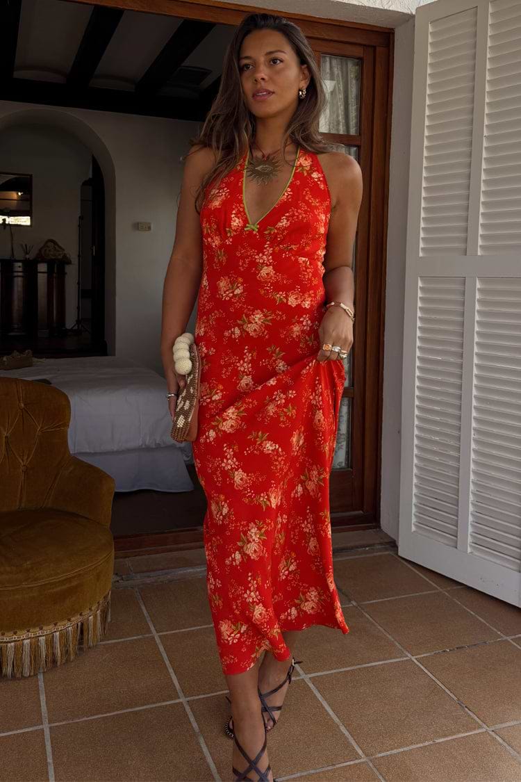 Red Floral Halter Dress